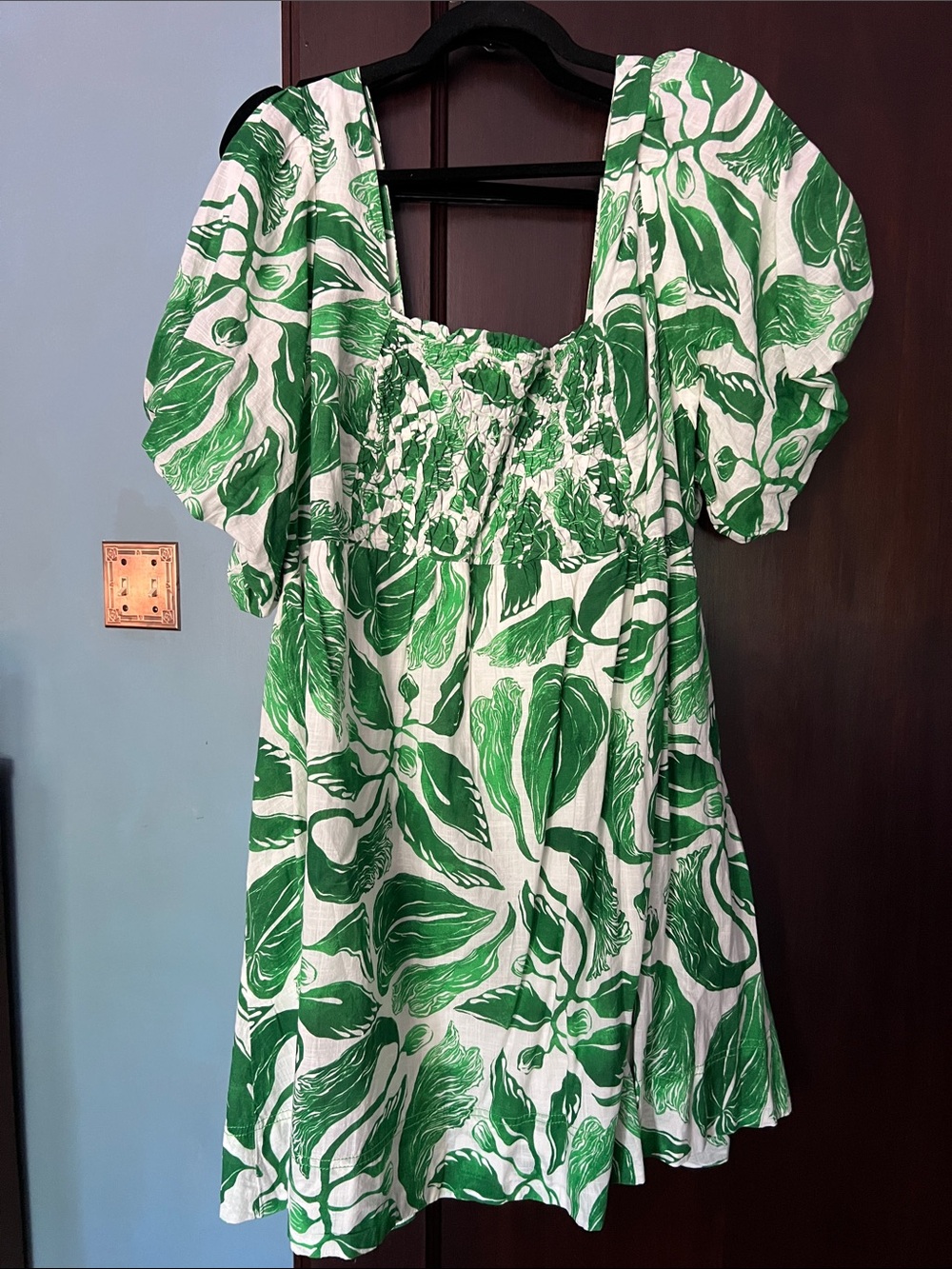 Maeve Green and White Leaf-Print Mini Dress